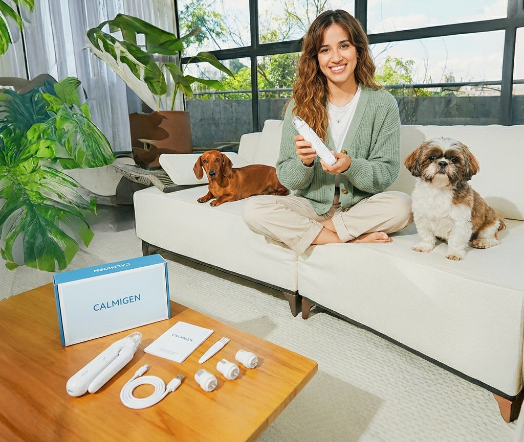 Pet parent calmly trimming her dog's nails with the Calmigen Pro